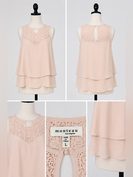 Monteau Tops - Monteau Blush Pink Crochet Yoke Tiered Sleeveless Camisole